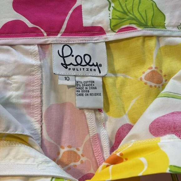 Lilly Pulitzer Floral Print Stretch Pants Size 10 Pink Yellow Cotton Blend - Picture 5 of 14
